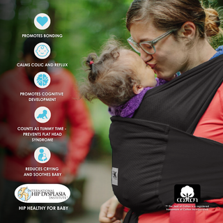 A woman kisses a baby wrapped in a black carrier, surrounded by icons and text highlighting benefits like bonding and cognitive development. Warm, nurturing scene.