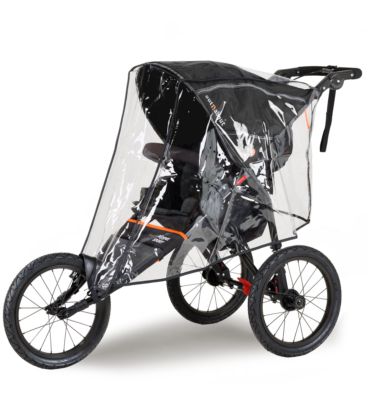 Black jogging stroller with a clear rain cover on a white background