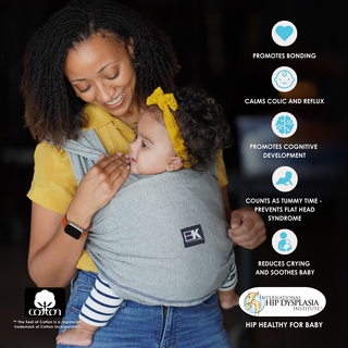 A smiling woman carries a baby in a gray wrap with yellow accents. Text highlights benefits like bonding, soothing, and cognitive development. Cotton trademark and Hip Dysplasia Institute logos shown.