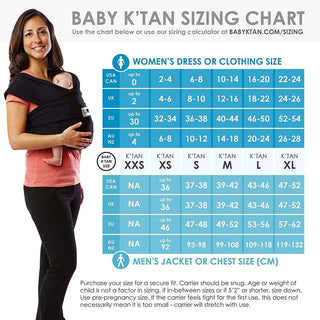 Baby K'tan sizing guide illustrating size options and measurements for selecting the right baby carrier.