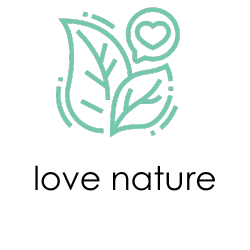 A turquoise glyph featuring a plant inside a circle with a diagonal line, set against a black background, conveying "Love Nature".