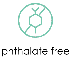 A turquoise glyph featuring a plant inside a circle with a diagonal line, set against a black background, conveying "Phthalate free".