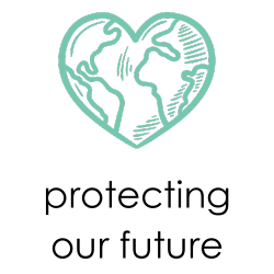 A turquoise glyph featuring a plant inside a circle with a diagonal line, set against a black background, conveying "Protecting our future".