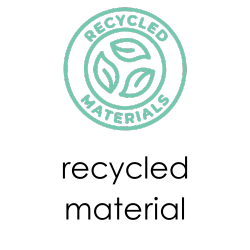 A turquoise glyph featuring a plant inside a circle with a diagonal line, set against a black background, conveying "Recycled Materal".