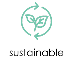 A turquoise glyph featuring a plant inside a circle with a diagonal line, set against a black background, conveying "Sustainable".