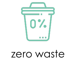 A turquoise glyph featuring a plant inside a circle with a diagonal line, set against a black background, conveying "Zero Waste".