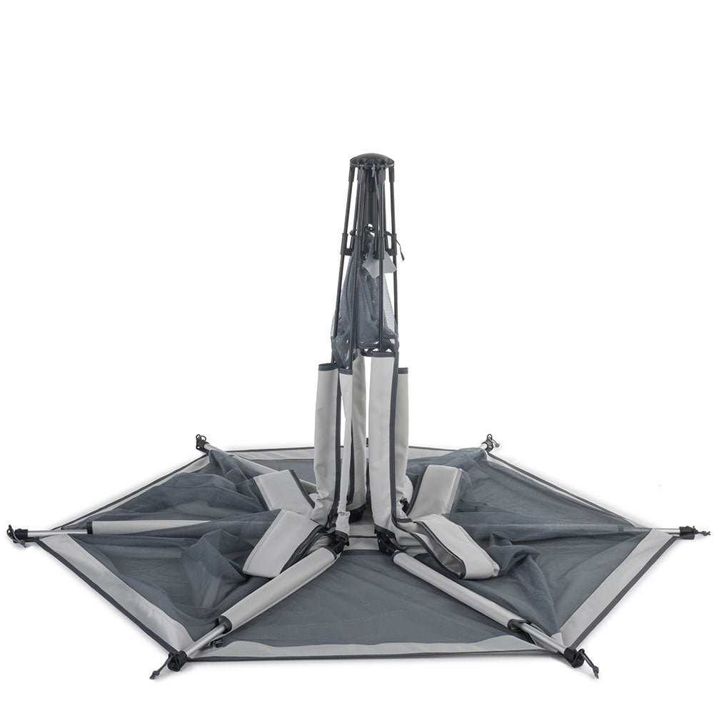 Hexagonal camping shelter with mesh walls on a white background