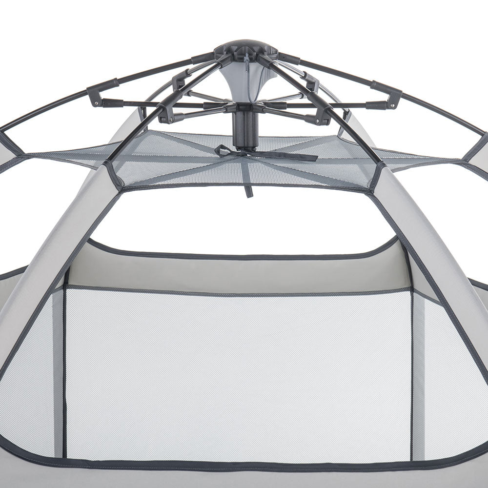 Hexagonal mesh tent with a transparent panel on a white background