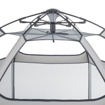 Hexagonal mesh tent with a transparent panel on a white background