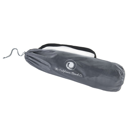 Gray beach towel with black handle and 'The California Beach Co' logo on a white background