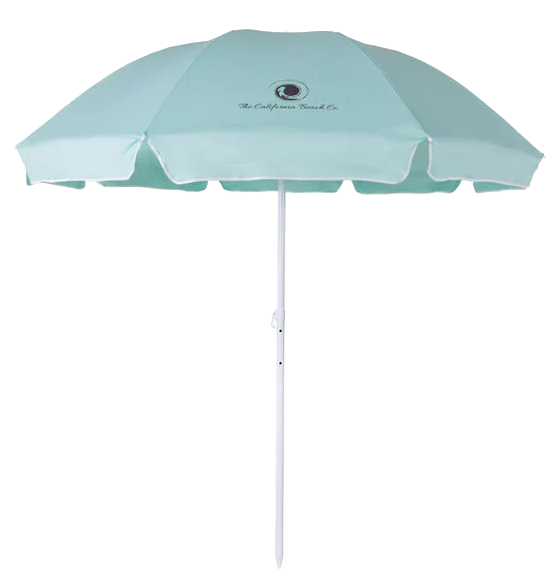 Light blue beach umbrella with a brand logo on a white background