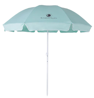 Light blue beach umbrella with a brand logo on a white background