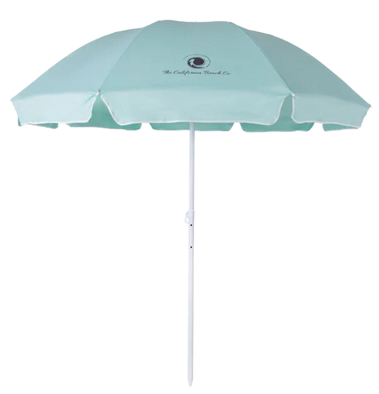 Light blue beach umbrella with a brand logo on a white background