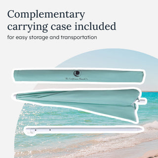 Teal carrying case with white handle on a beach background, text 'Complementary carrying case included for easy storage and transportation'.