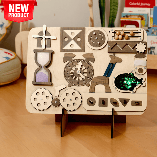 Wooden educational toy with various mechanical components on a stand, labeled 'NEW PRODUCT'.