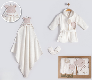 Baby clothing and accessories set with 'LITTLE ONE' and 'bebesi' branding on a light gray background.