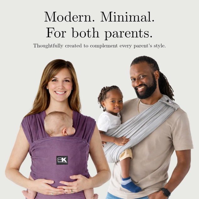 Two parents using baby carriers with text about modern and minimal design.