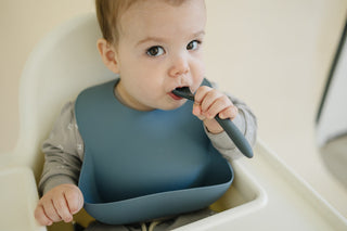 Baby in a high chair wearing a blue bib, holding a spoon.