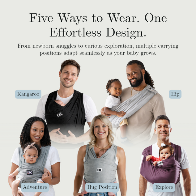 People wearing baby carriers with text on an effortless design.