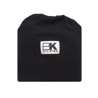 Black fabric pouch with a white label displaying "BK" and "Baby K'tan." The bag has a simple, minimalist look with a soft texture.