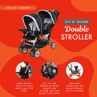 Baby Trend Sit N' Stand Easy Fold Travel Toddler & Baby Double Stroller, Stormy