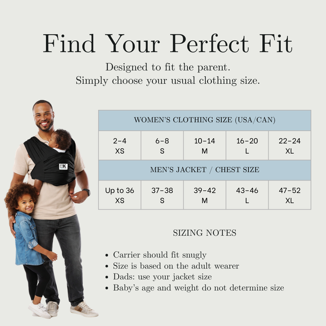 Sizing chart for a baby carrier with a man and child model on a light gray background.