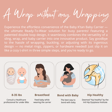 Informational graphic promoting the Baby K’tan Baby Carrier. Highlights include a no-wrap design, breastfeeding ease, bonding, and hip health benefits. Features icons of a baby, a mother breastfeeding, and a hip joint. Tone is friendly and informative.
