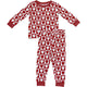 Red and white heart-patterned pajama set on a white background