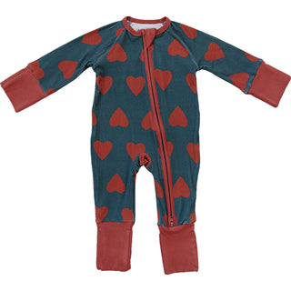 Children's onesie with red heart pattern on a blue background