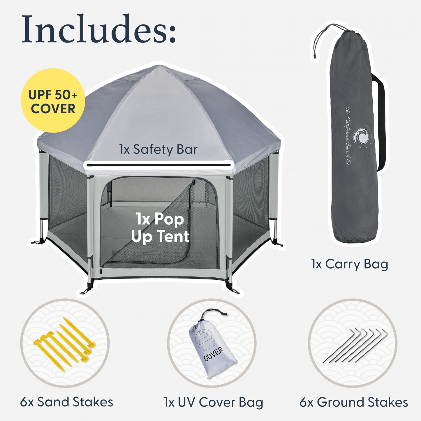 Pop-up tent set with safety bar, carry bag, sand stakes, UV cover bag, and ground stakes on a white background.