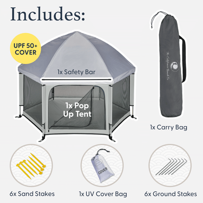 Pop-up tent set with safety bar, carry bag, sand stakes, UV cover bag, and ground stakes on a white background.