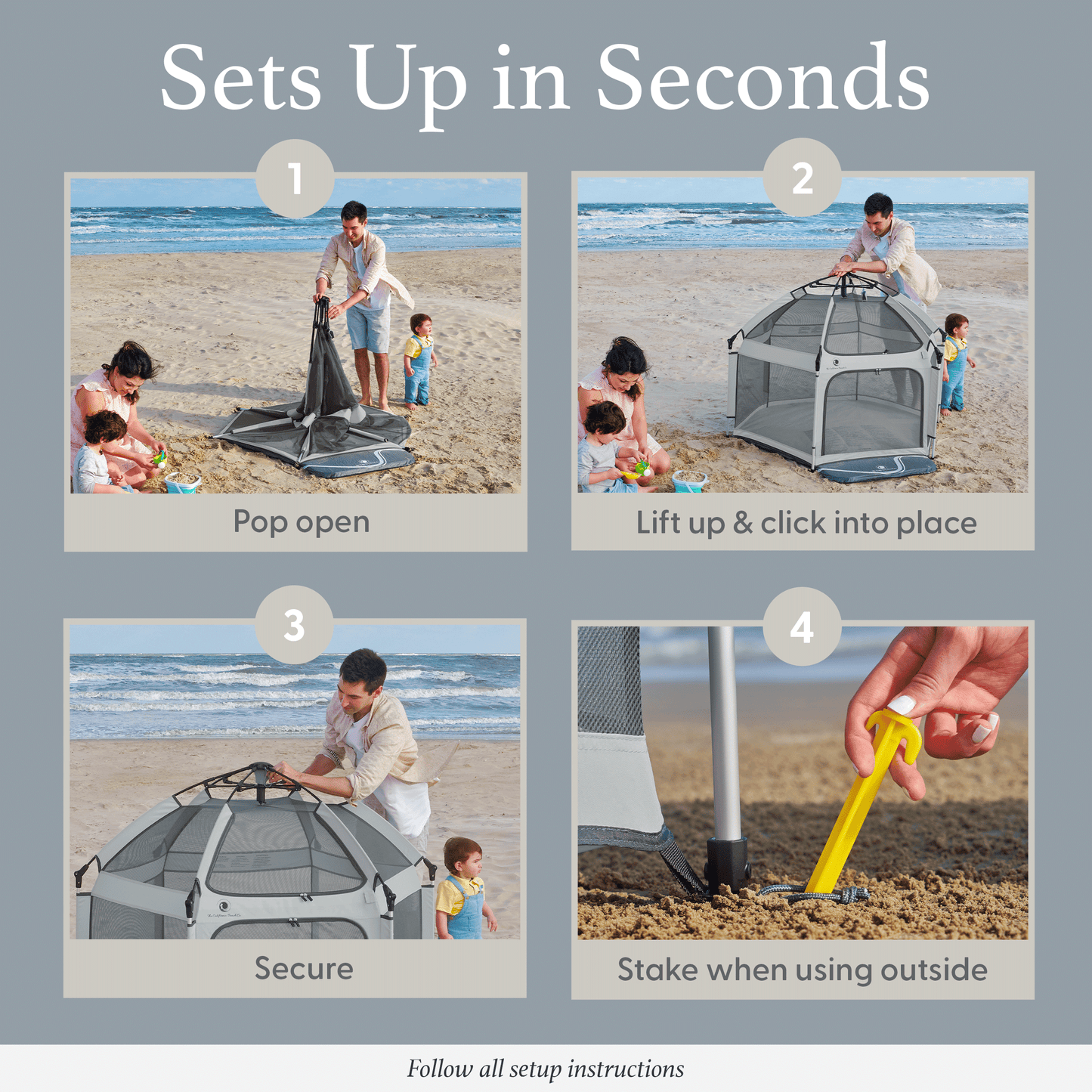 Step-by-step guide on setting up a portable playpen at the beach.