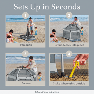 Step-by-step guide on setting up a portable playpen at the beach.