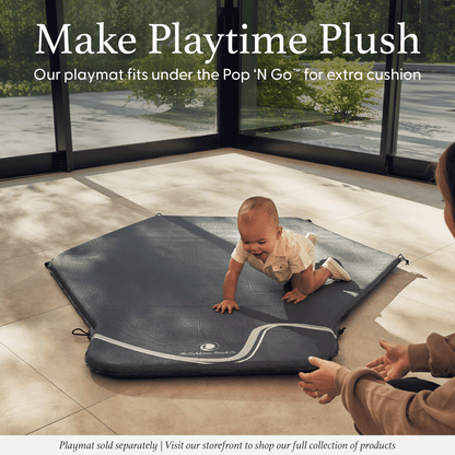 Baby playing on a playmat with text about the product's features
