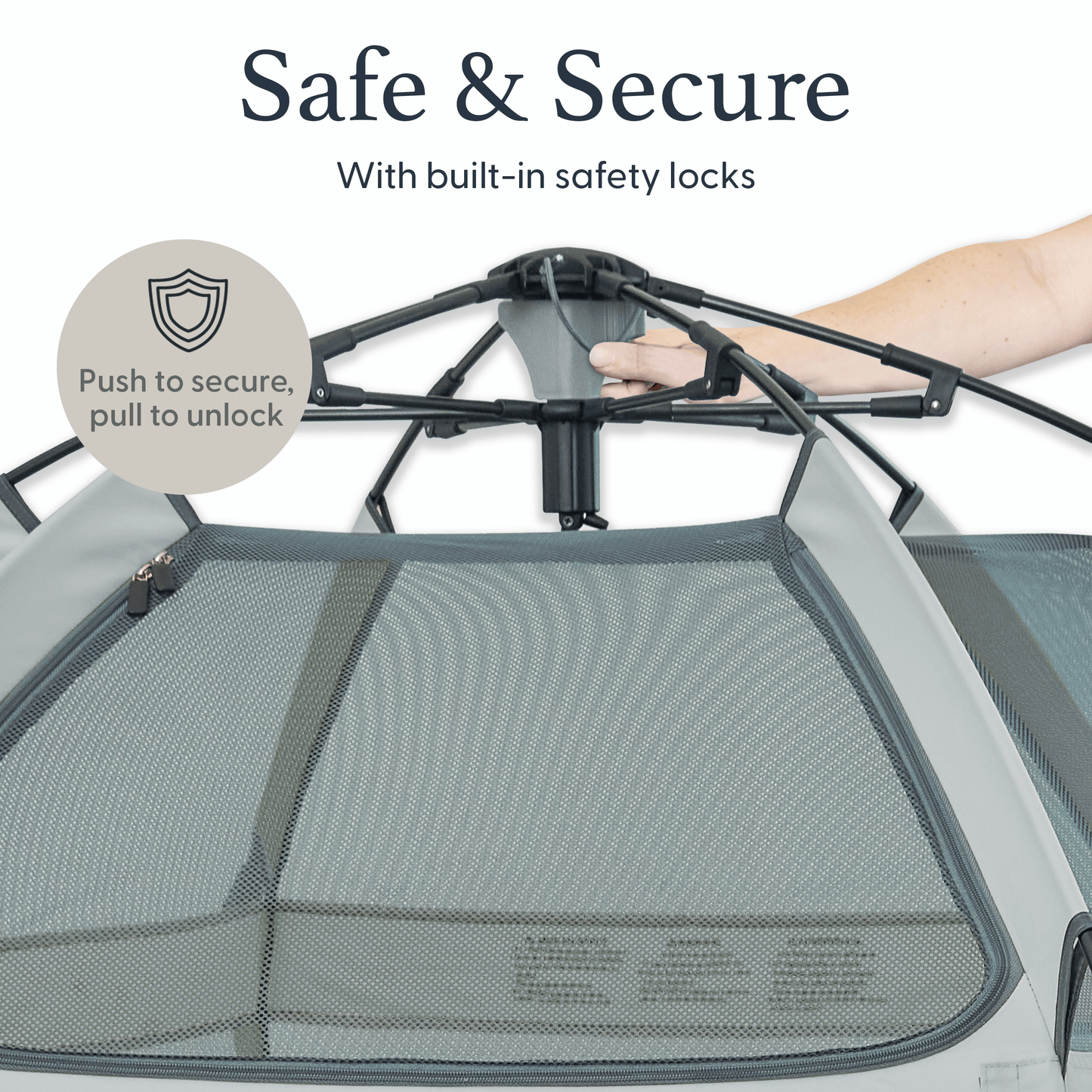 Pet carrier with safety locks and a hand demonstrating how to use them.