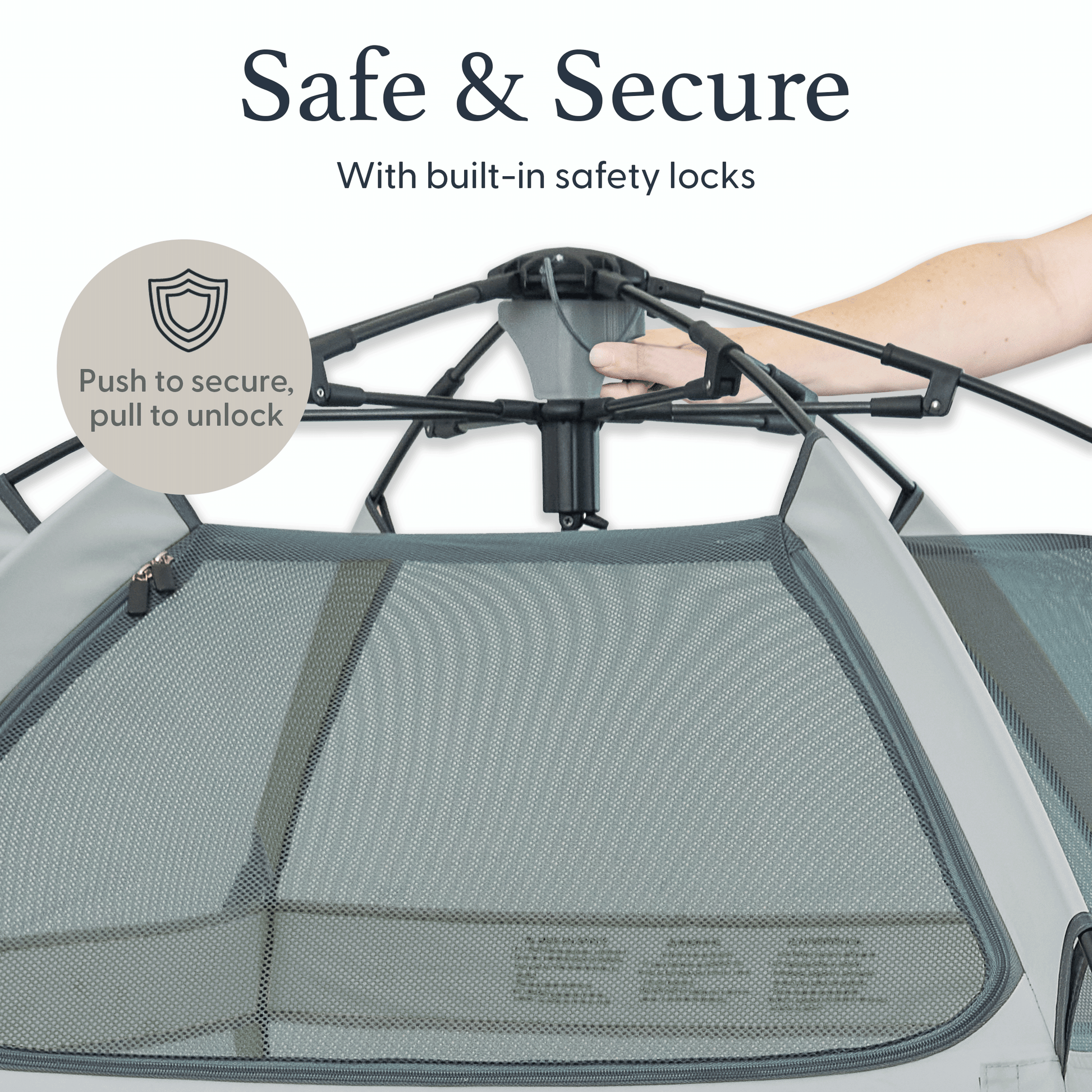 Pet carrier with safety locks and a hand demonstrating how to use them.