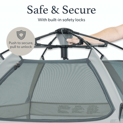 Pet carrier with safety locks and a hand demonstrating how to use them.