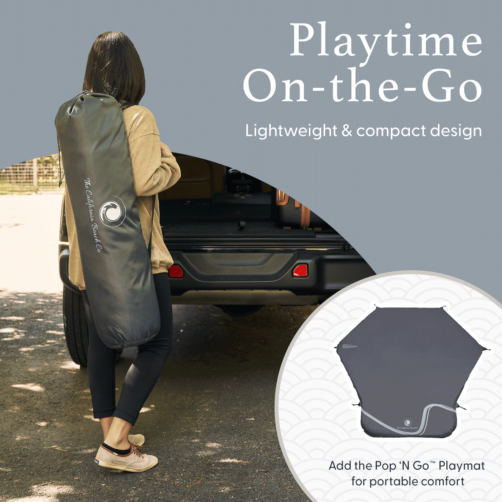 Person carrying a large green bag labeled 'Pop N Go' towards an open car trunk with text about lightweight and compact design.