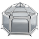 Portable playpen with mesh sides on a black background