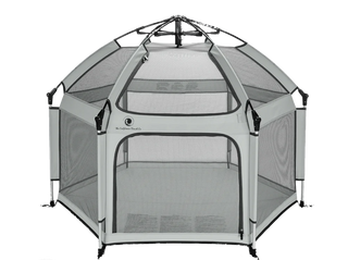 Pet playpen with mesh sides and solid base on a white background