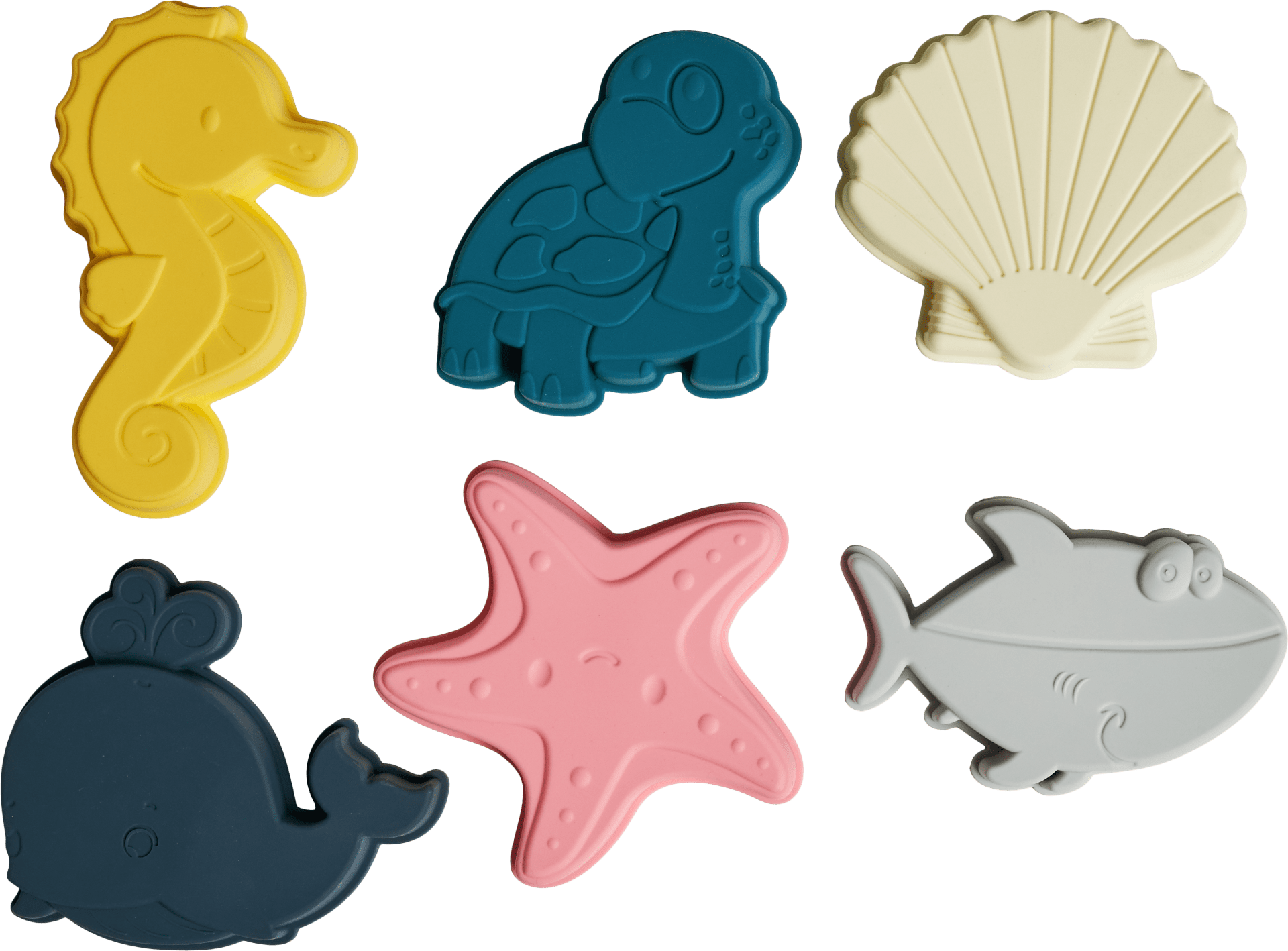 Set of colorful sea-themed cookie cutters on a transparent background