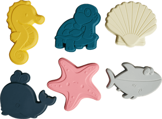Set of colorful sea-themed cookie cutters on a transparent background