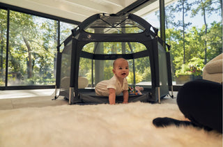 Baby inside a portable playpen with a view of trees outside
