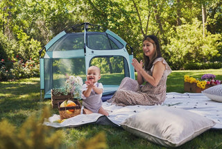 Woman and child sitting on a blanket in a park with a baby tent.