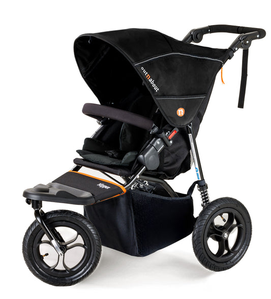 Black stroller with orange accents on a white background