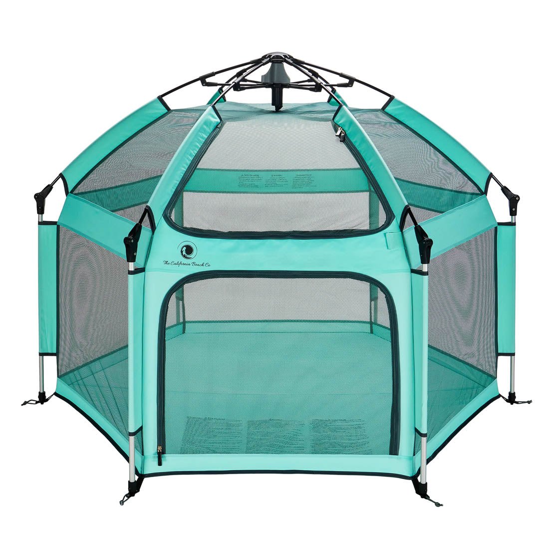Turquoise pet playpen with mesh sides on a white background