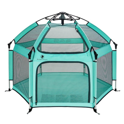 Turquoise pet playpen with mesh sides on a white background