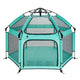 Turquoise pet playpen with mesh sides on a white background
