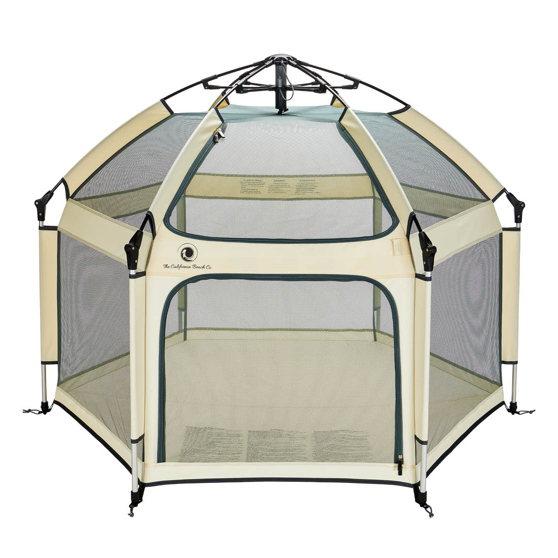 Pet playpen with mesh sides and beige frame on a white background
