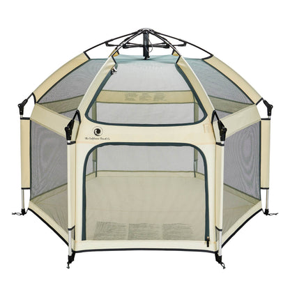 Pet playpen with mesh sides and beige frame on a white background